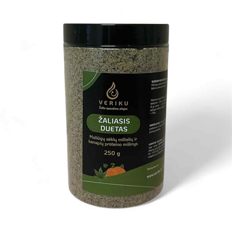 ŽALIASIS DUETAS- moliūgų sėklų ir kanapių proteino miltelių mišinys